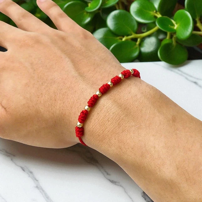 7 Knot Red String Bracelet with Gold Filled Beads – Protection & Good Luck