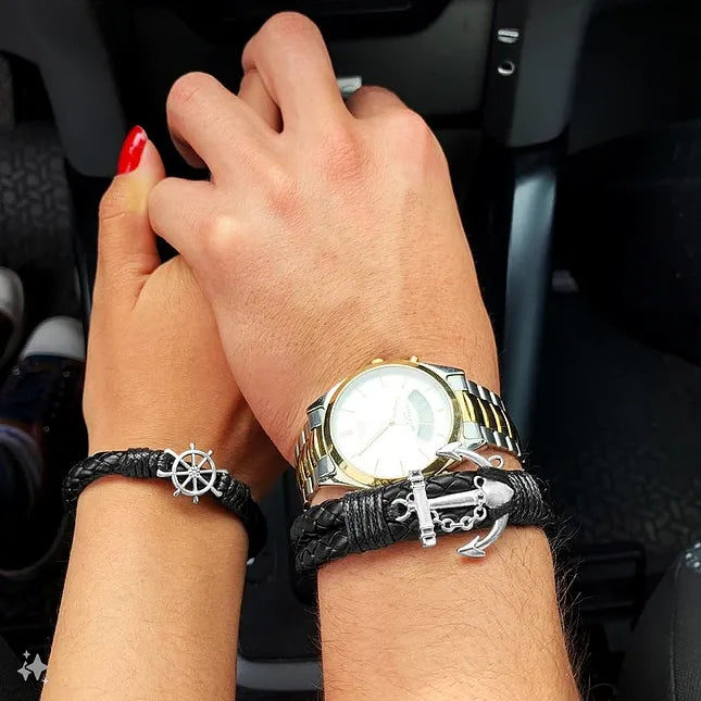 Matching Anchor & Wheel Couples Braided Leather Bracelets