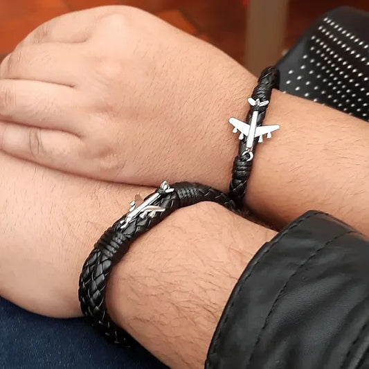 Matching Airplane Couples Braided Leather Bracelets
