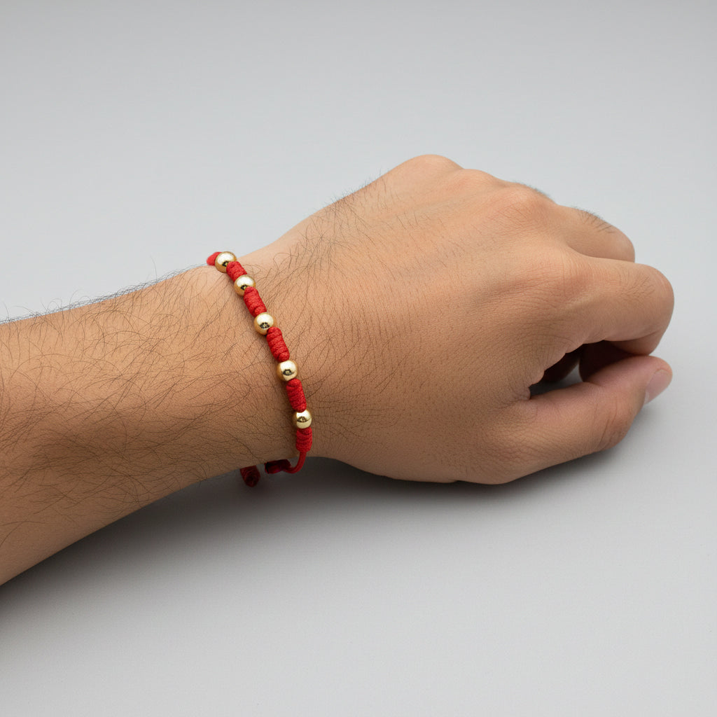 7 Knot Red String Bracelet with Smooth Gold Filled Beads