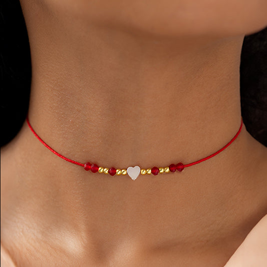 Red String Choker with Mother of Pearl Heart & Gold Filled