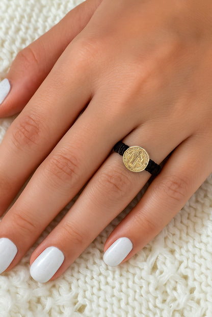 Adjustable Woven Gold Filled Ring with Saint Benedict Medal