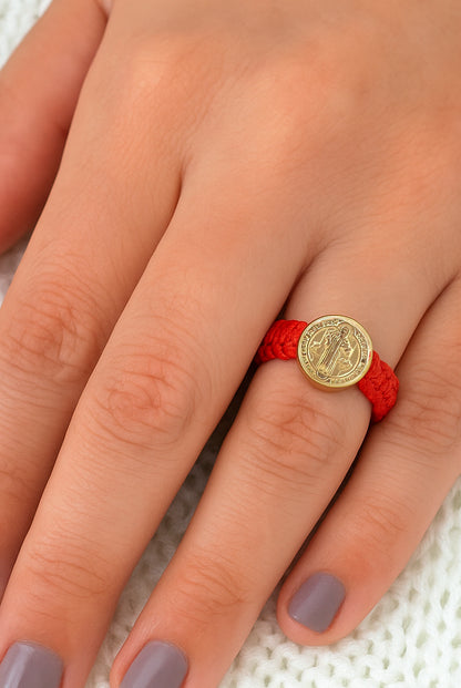 Adjustable Woven Gold Filled Ring with Saint Benedict Medal