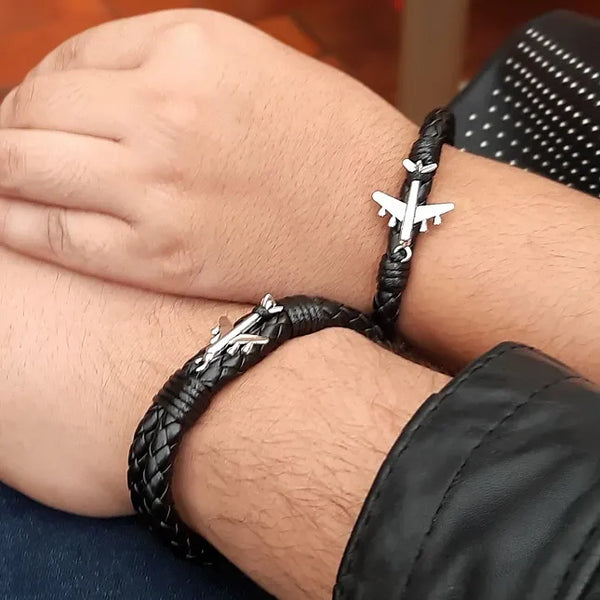 Matching Airplane Couples Braided Leather Bracelets