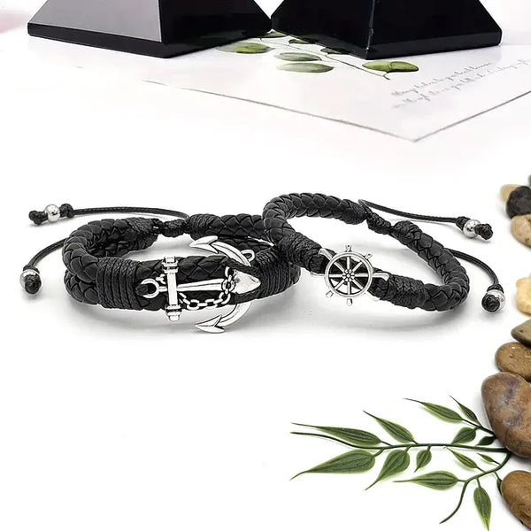 Matching Anchor & Wheel Couples Braided Leather Bracelets