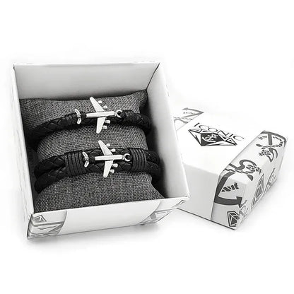 Matching Airplane Couples Braided Leather Bracelets