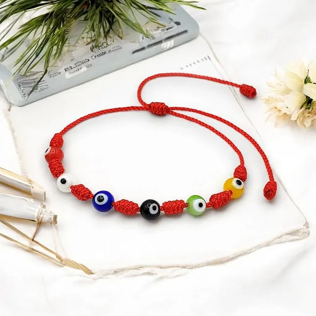 7 Knot Red String Bracelet with Multicolor Evil Eye Charm – Protection & Good Luck