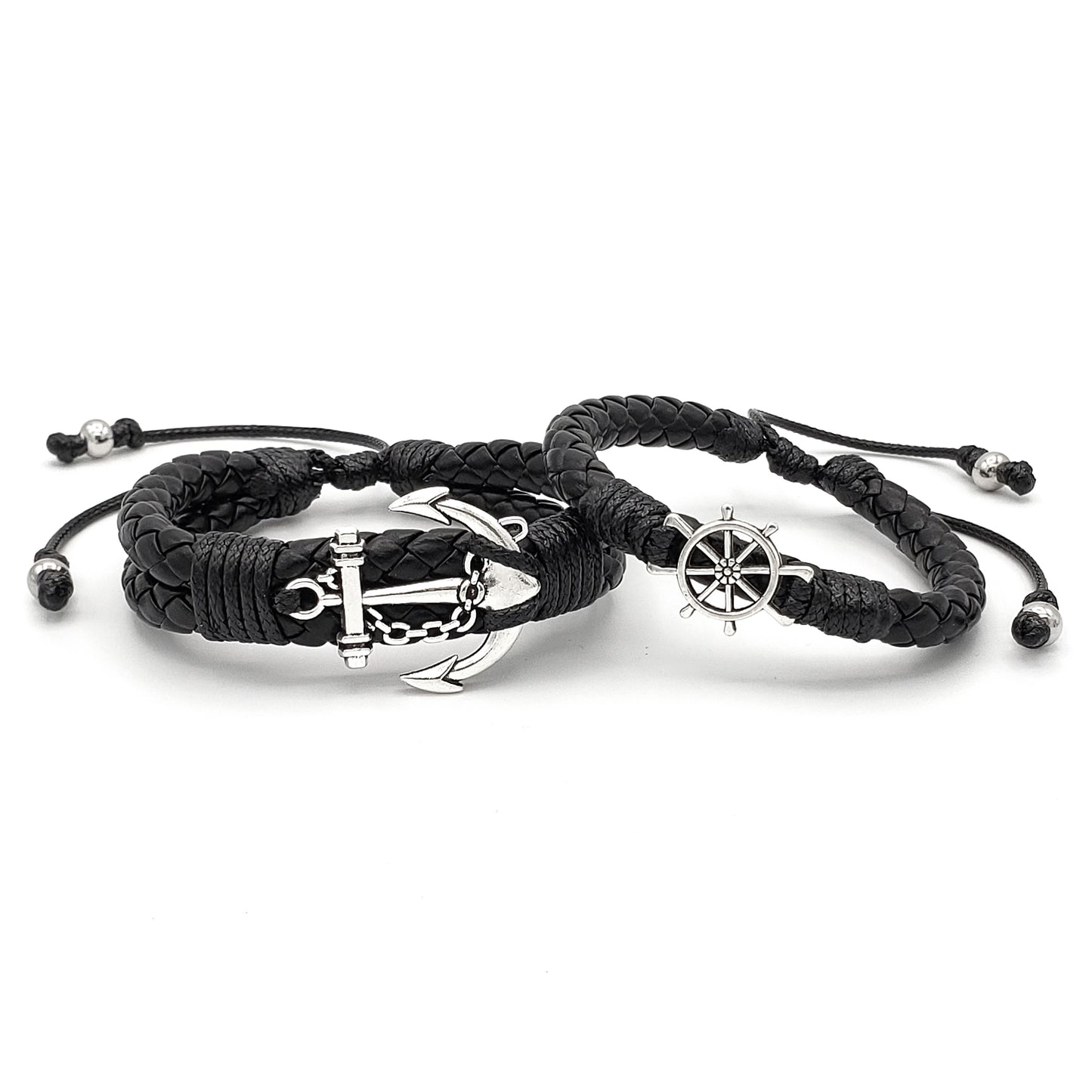Matching Anchor & Wheel Couples Braided Leather Bracelets