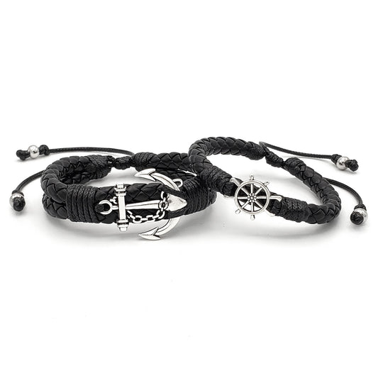 Matching Anchor & Wheel Couples Braided Leather Bracelets