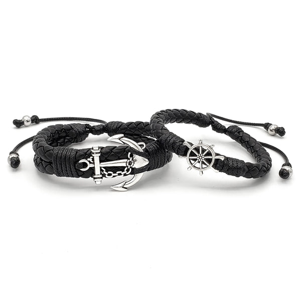 Matching Anchor & Wheel Couples Braided Leather Bracelets