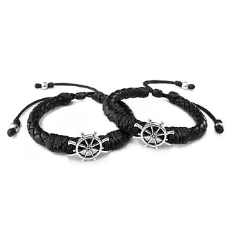 Matching Ship Wheel Couples Braided Leather Bracelets