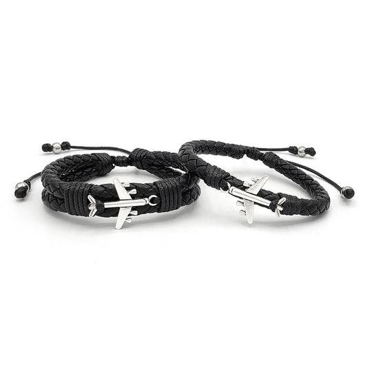 Matching Airplane Couples Braided Leather Bracelets
