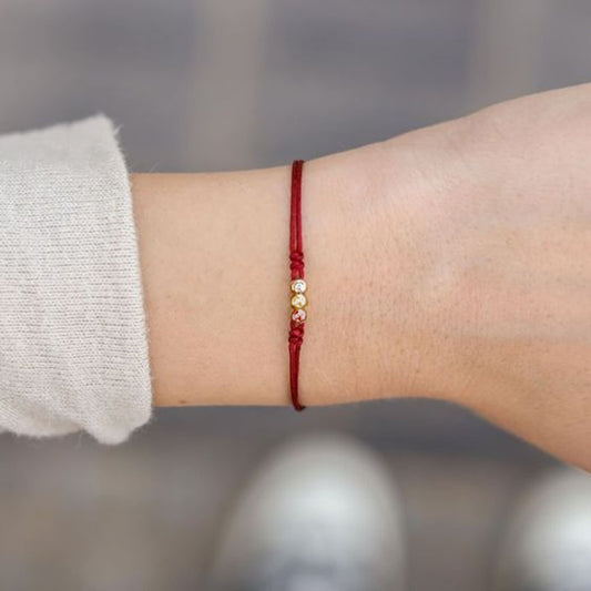 Red String Bracelet with Triple Gold Filled Beads